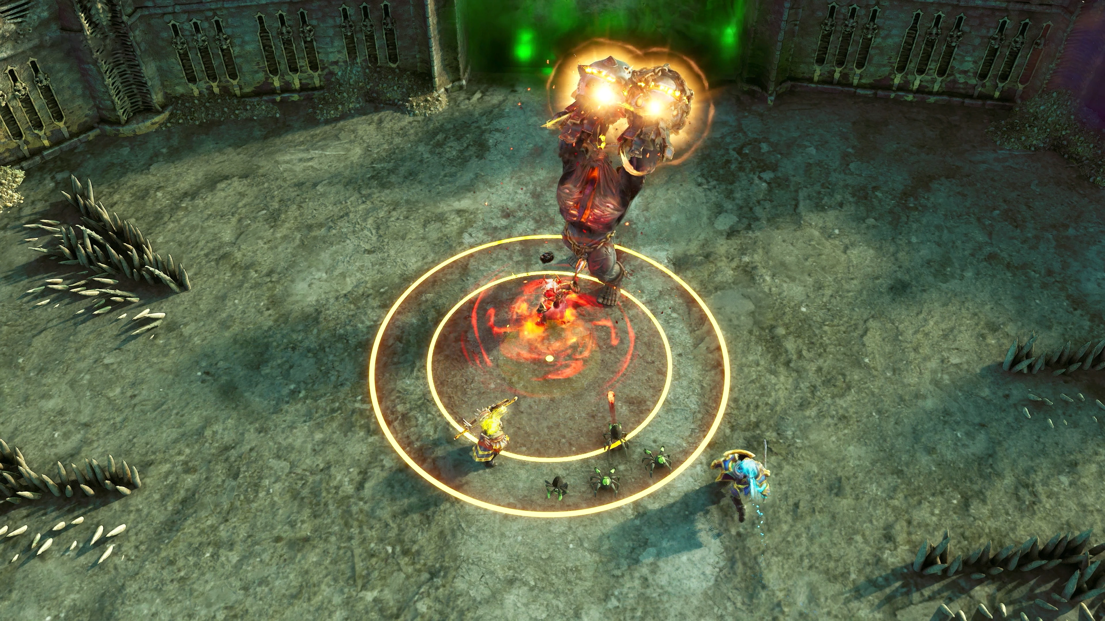 Eversiege boss fight against a giant demon unleashing fiery attacks, surrounded by heroes and allied units.j'a