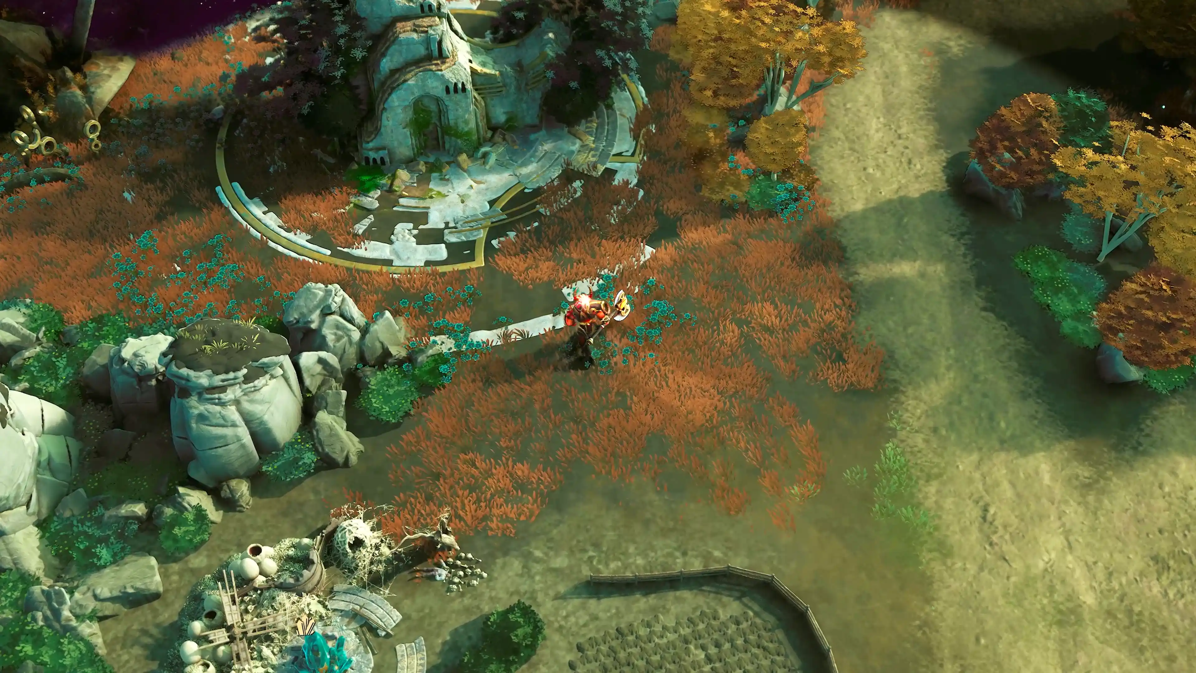 Eversiege hero exploring ancient ruins in a colorful and mysterious forest.