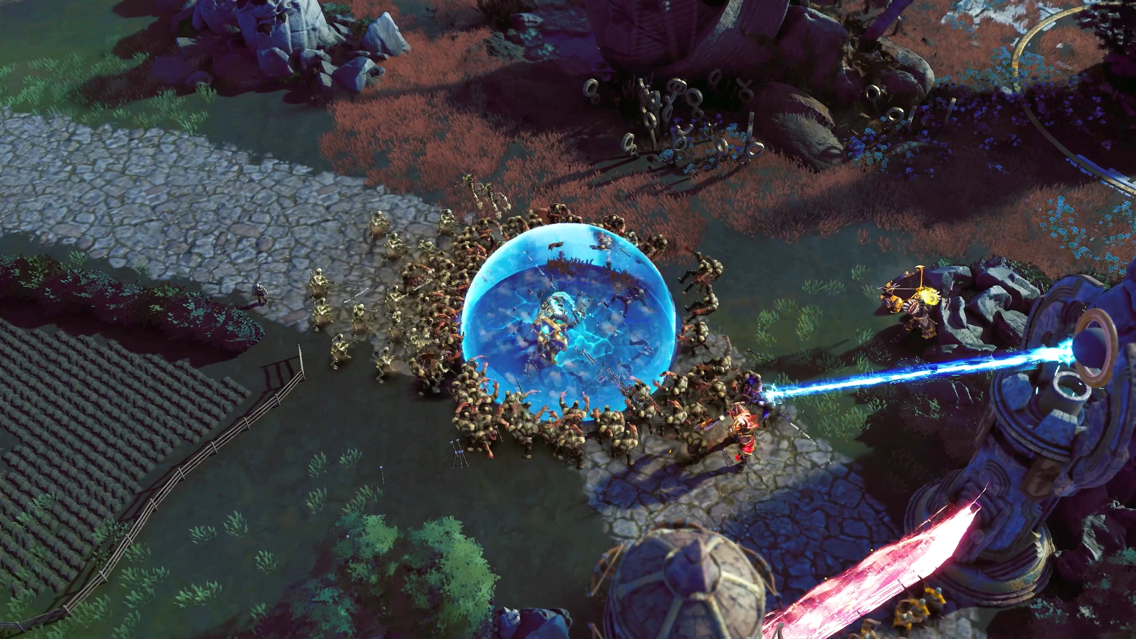 Eversiege hero activating a magical shield barrier to protect the team from an enemy horde assaulting the fortress.