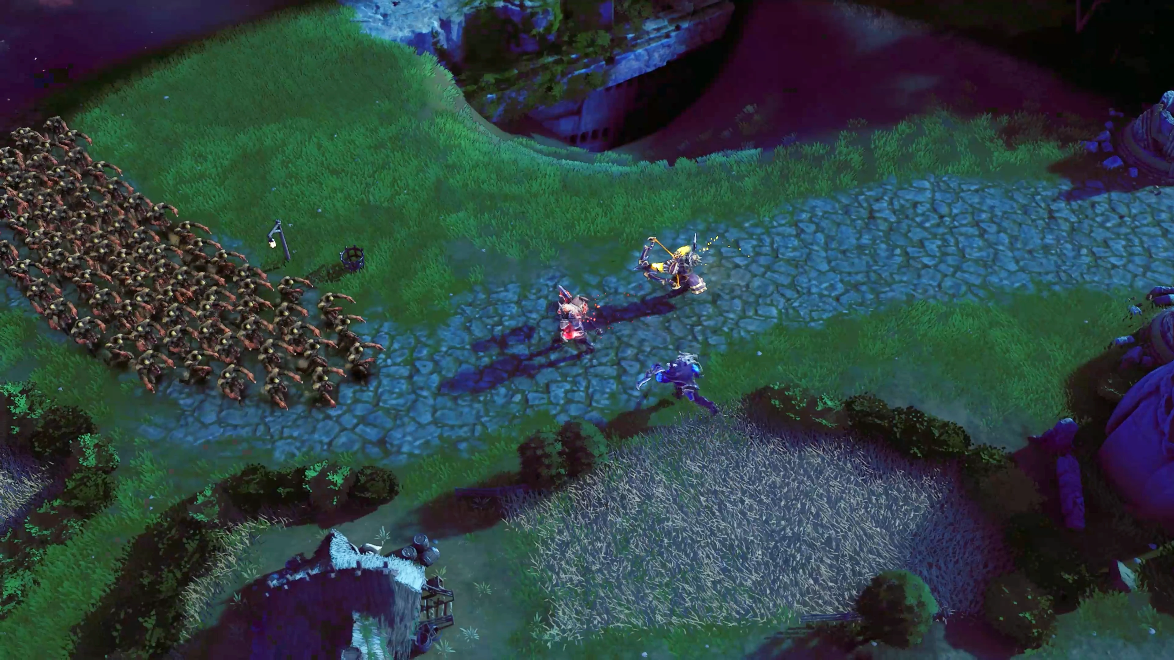 Eversiege heroes running from a huge pursuing horde on a countryside path.