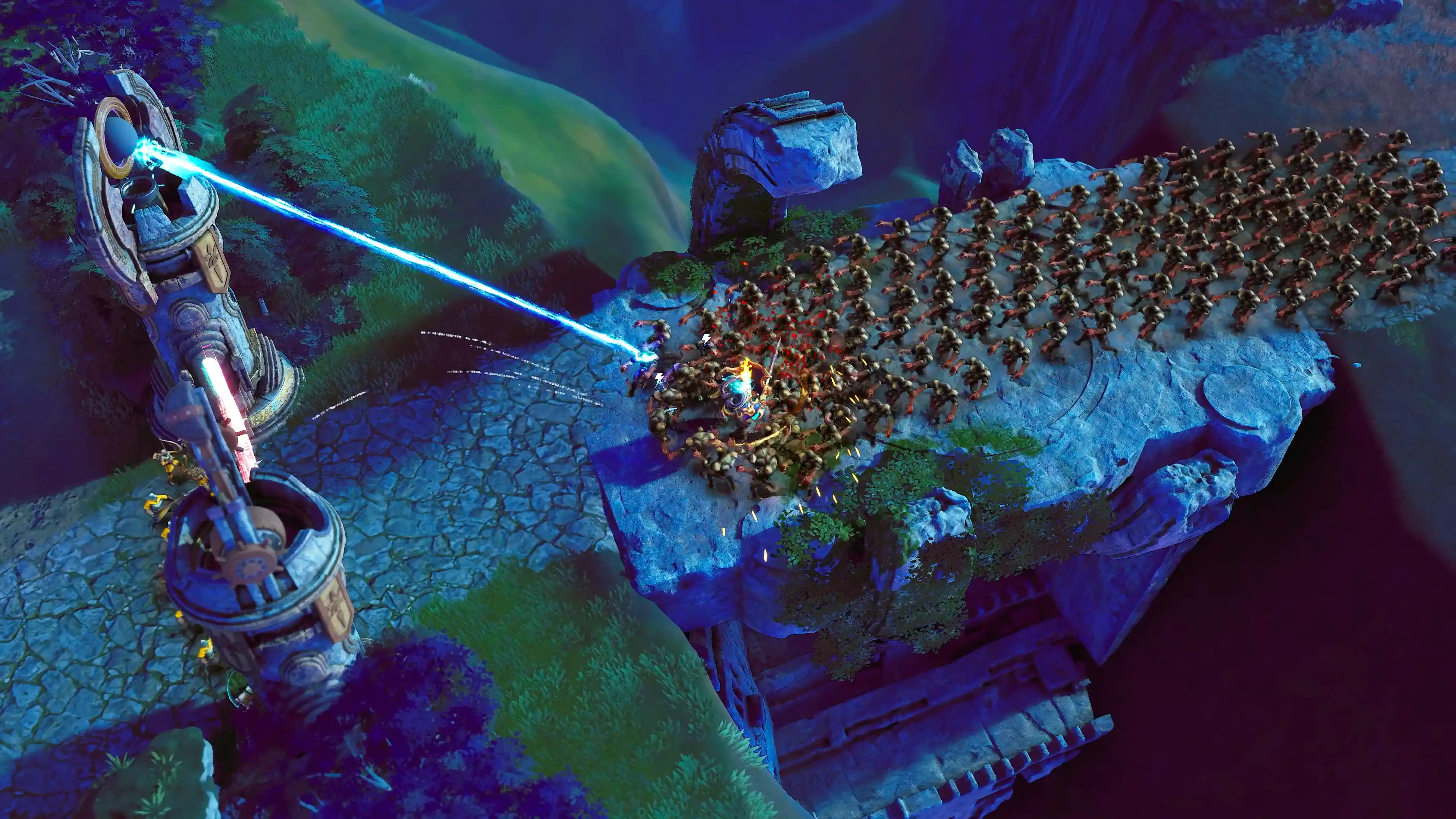 Eversiege defense tower firing a powerful laser beam at invading enemy forces on a bridge.